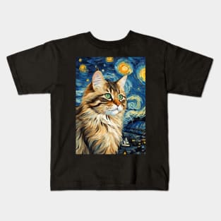 Cute Siberian Cat Breed Painting in a Van Gogh Starry Night Art Style Kids T-Shirt